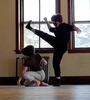 A friend and I dancing for our final project.