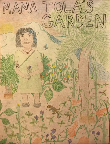 A colored pencil drawing of a woman in a garden with bubble letters saying "Mama Tola's Garden."