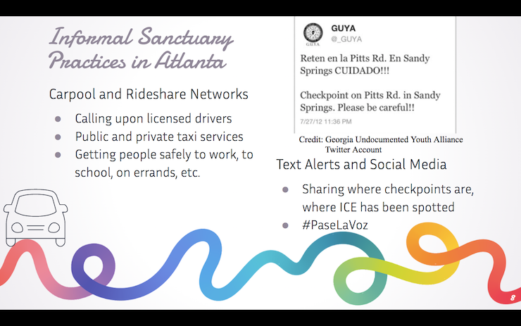 A slide of our informal practices of sanctuary presentation titled "Informal Sanctuary Practices in Atlanta."