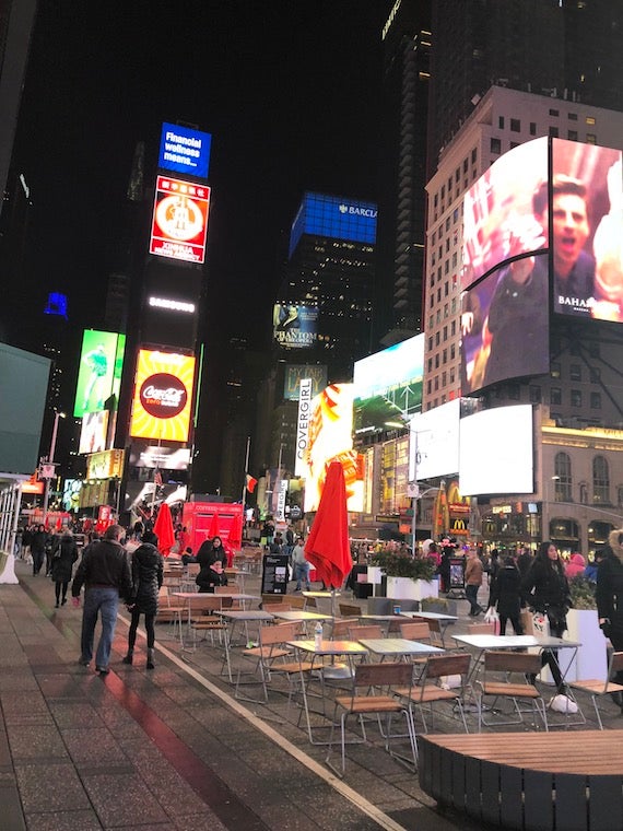 Times Square, all lit up on a Friday night!