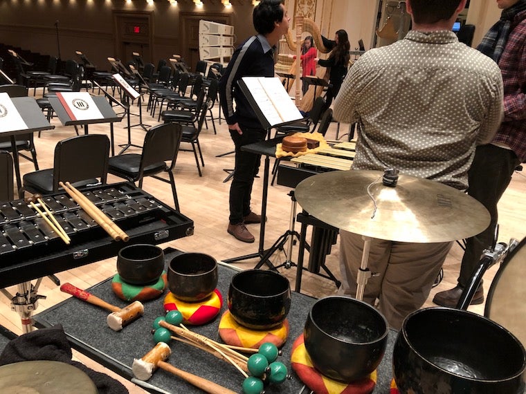 Percussion instruments on stage.