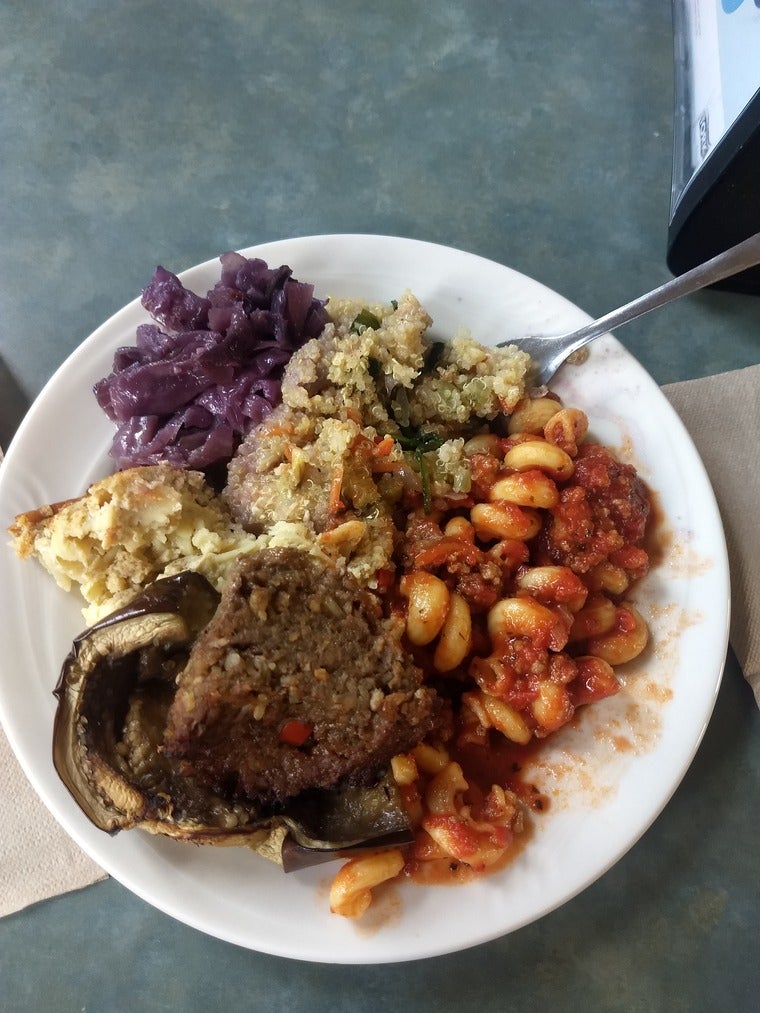 A plate of stuffed eggplant, pasta bolognese, noodle kugel, cabbage, and quinoa.
