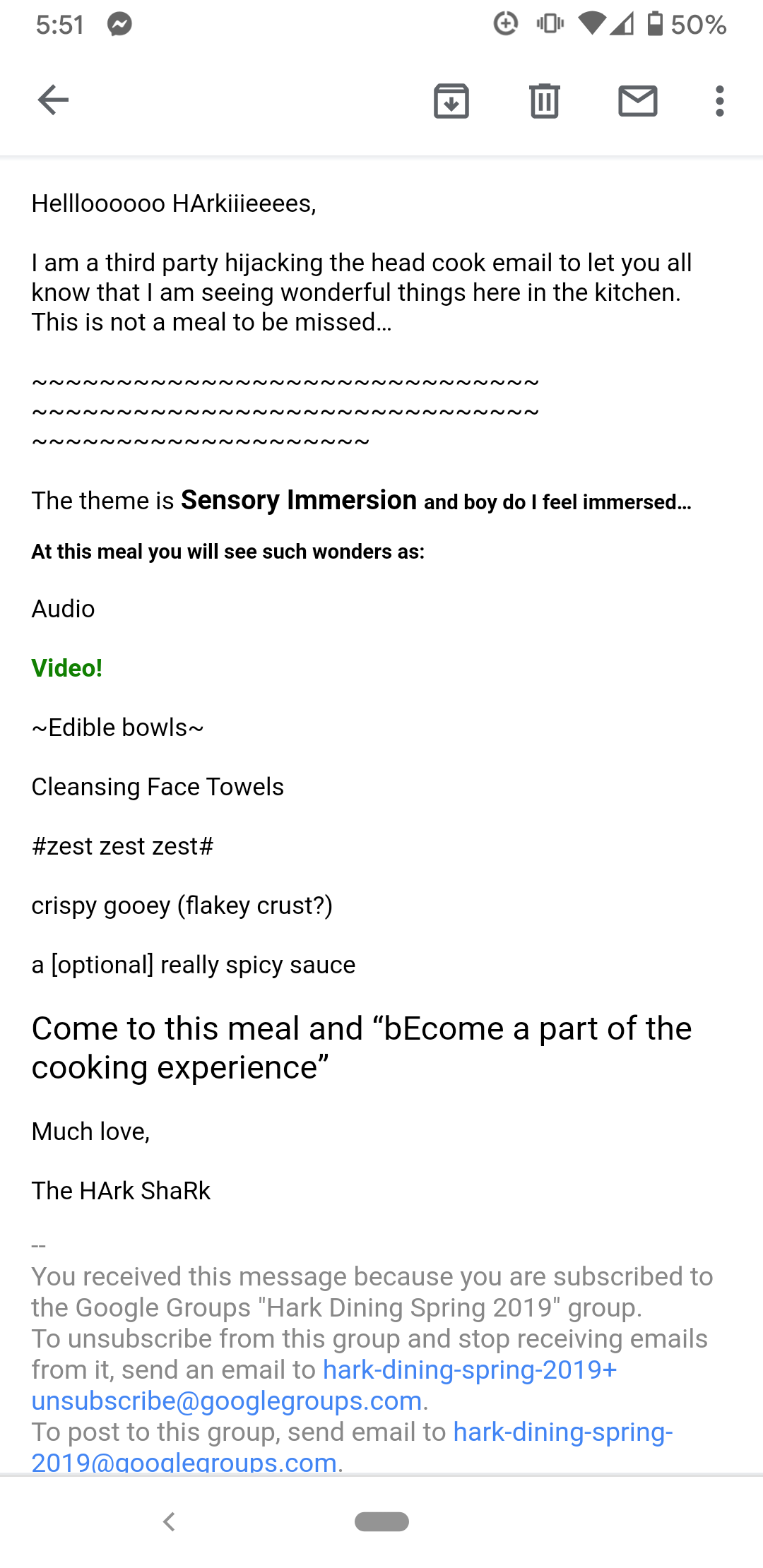 Harkness sensory meal email 