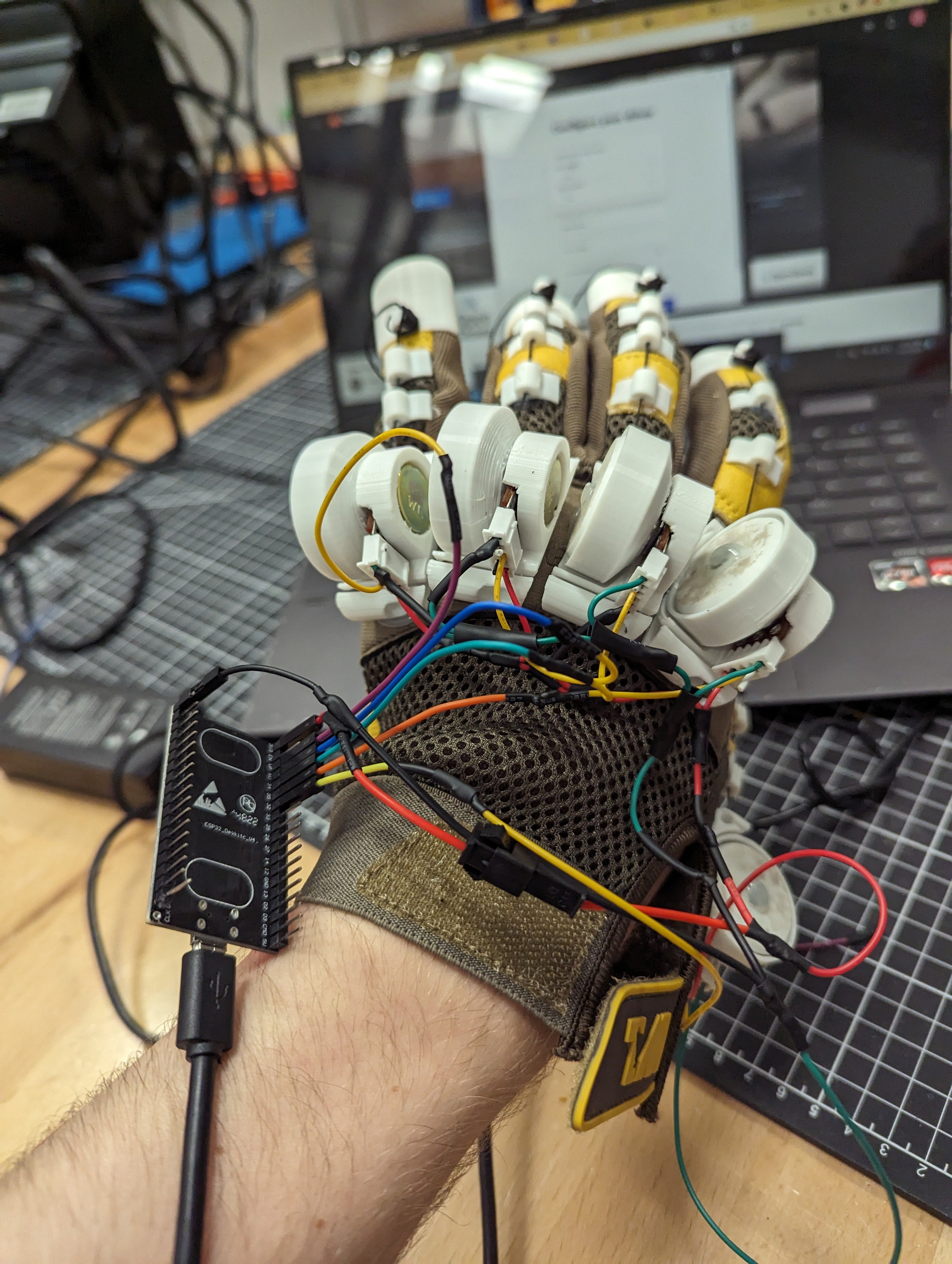 The sensor glove all wired up
