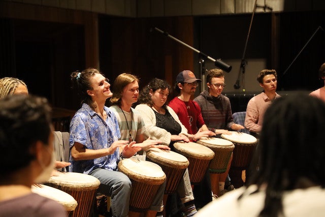 Students playing in the Djembe Orchestra