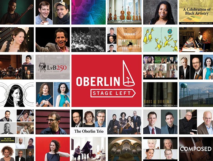 A collage of performers surrounding the Oberlin Stage Left graphic.