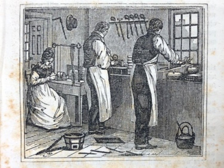 Old black and gray illustration of the paper-making and bookbinding process