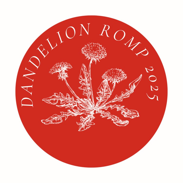 Dandelion plant in white on red background with text reading "Dandelion Romp 2025"