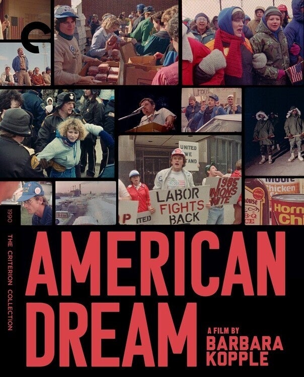 A collage of photos from a labor protest in the 80s, the Criterion logo in the upper left hand corner. 