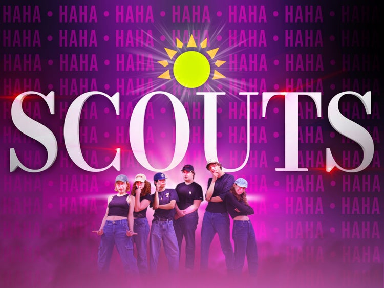 "SCOUTS" logo with members standing under in black shirts and jeans