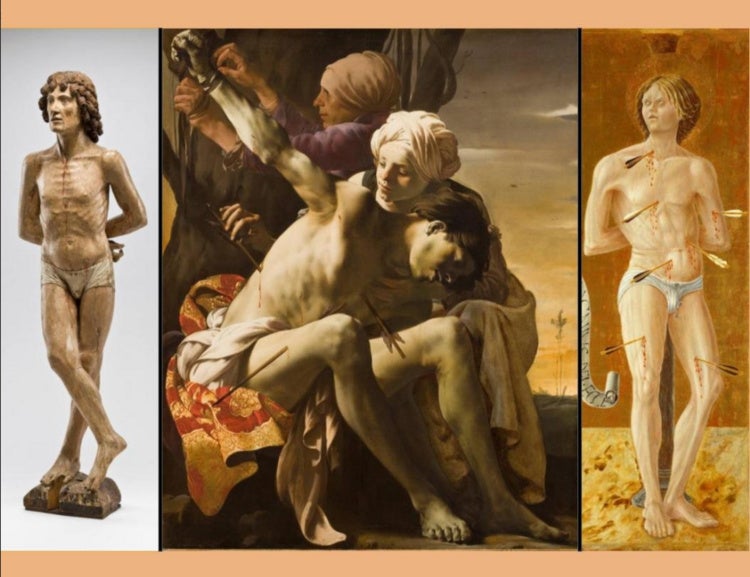 Three depictions of Saint Sebastian: a sculpture, a dramatic Baroque painting, and a stylized medieval painting, highlighting his wounded and exposed body.