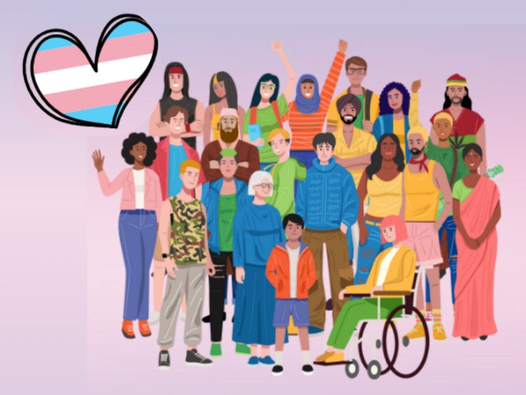 An illustration of a large group of people, heart containing the transgender pride flag