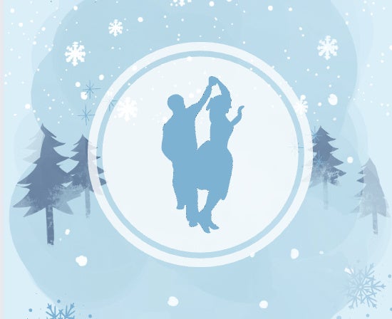 Graphic of two dancers in a snow globe over a winter background
