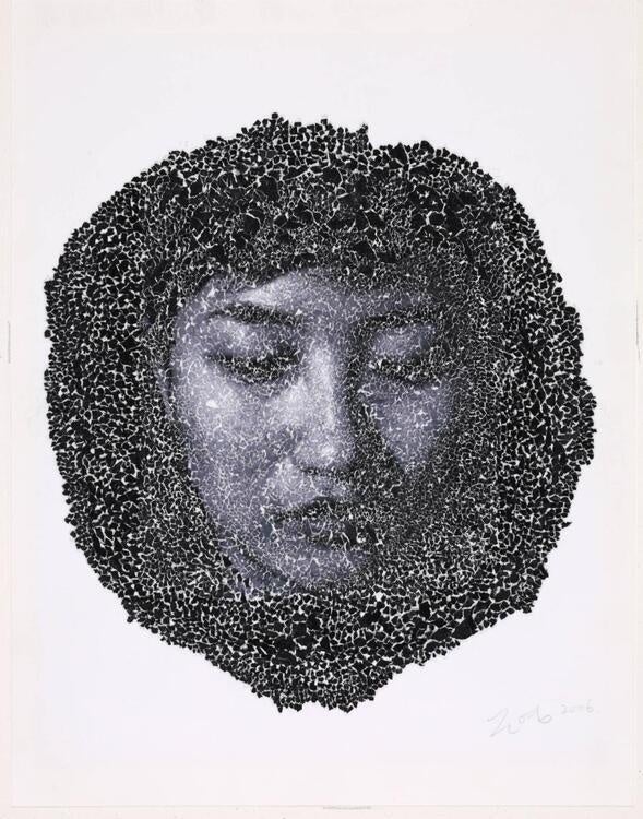 Image is a collaged grayscale portrait of a solemn appearing face.