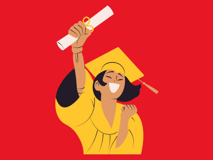 Illustration of excited graduate holding diploma in the air