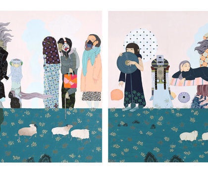 Painting of people in line wearing germ masks