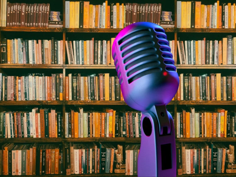 microphone in front of bookcase