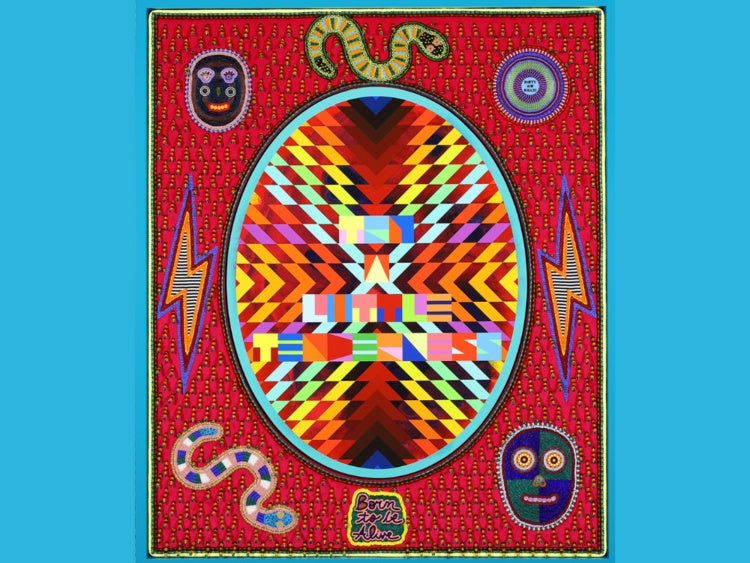 Vibrant, multicolor pattern, reads "TRY A LITTLE TENDERNESS" in the center