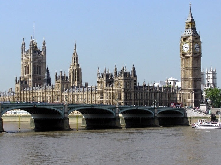 Houses of Parliament including Big Ben in London from across the Thames