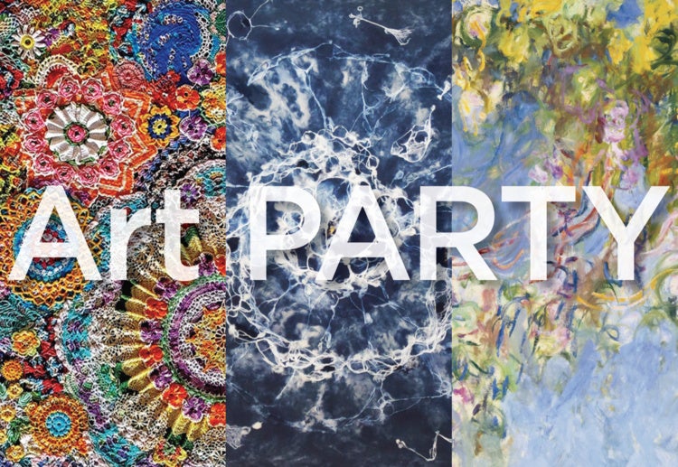This photo is an image of three abstract art pieces, split vertically within the frame. White text on top of these images reads "Art PARTY."