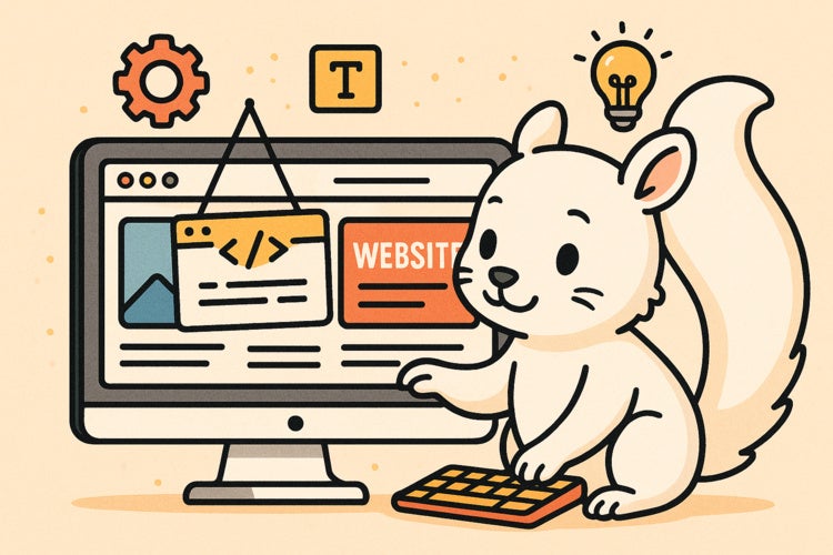 An albino squirrel typing on a keyboard and developing a website on a computer. A lightbulb shines above its head.