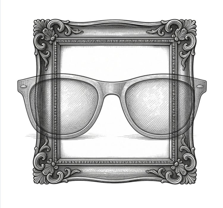 Black-and-white drawing of a pair of eyeglasses overlaid on an ornate frame