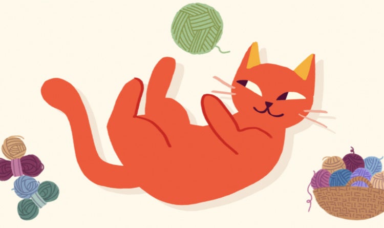 A stylized cat lying on it's back tossing up a ball of yarn.