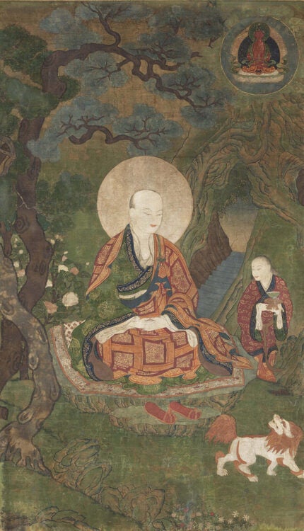Image: Unrecorded Tibetan Artist, Arhat Chudapantaka, 15th century. Pigments on cotton. Rubin Museum of Himalayan Art, New York, Gift of the Shelley and Donald Rubin Foundation, C2003.50.3 (HAR 129).  Image description: This vertical Buddhist painting depicts a haloed monk seated in meditation beneath twisting trees. An attendant holding a bowl stands nearby, while a small lion-like creature animates the foreground and a sacred figure appears within a glowing roundel above.