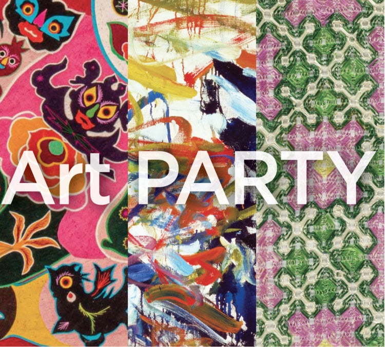 A colorful promotional graphic for an Art PARTY! featuring three vertical artwork details: a vibrant folk-inspired design with animals and flowers, an energetic abstract painting with sweeping brushstrokes, and an intricate green-and-purple embroidered pattern. Large white text reading “Art PARTY” stretches across all three images, creating a bold, celebratory composition.