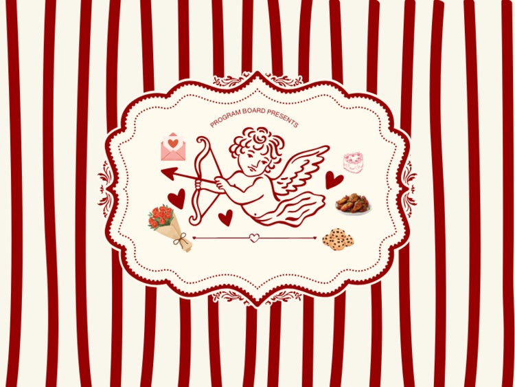 Graphic of Cupid with his bow, ready to shoot his arrow with flowers, hearts, and other food items.