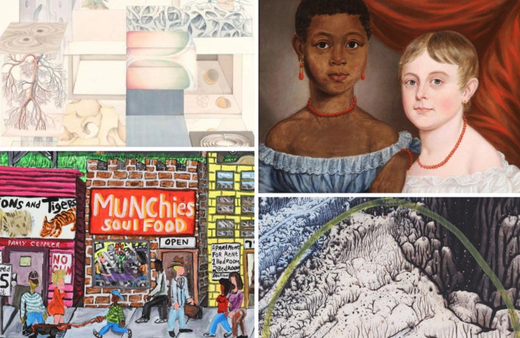 Images: Zhang Xiaoli (Chinese, b. 1989), The Portrait, 2023; Michelangelo Lovelace (American, 1960–2021), These Urban City Streets, 2013; American, Portrait of Two Girls, ca. 1825–30; Laleh Khorramian (American, born in Iran, 1974), Zoomscape: Gerard, 2nd Generation, 2003.