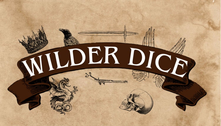 A dark brown banner with the words "wilder dice" on it on a light brown weathered looking background. around the banner are images of dnd-type things; a crown, a crow, a sword, a skull, and a dragon.