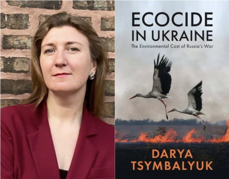 Darya Tsymbalyuk and the cover of her book, Ecocide in Ukraine: the Environmental Cost of Russia's War.