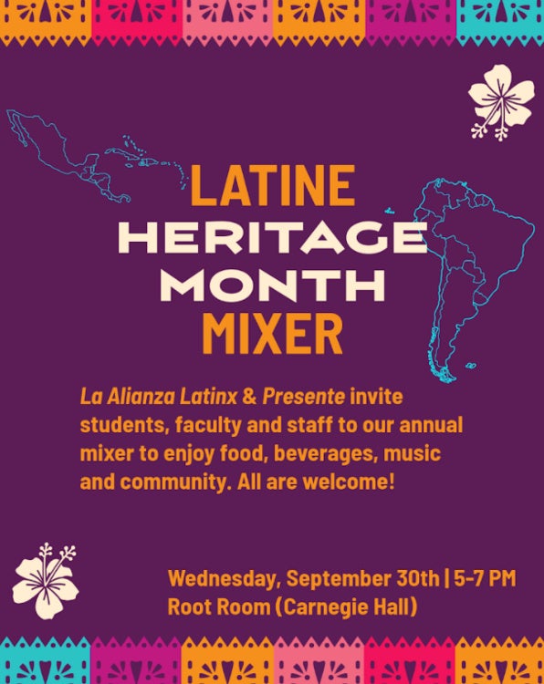 La Alianza Latinx & Presente invite students, faculty and staff to our Latine Heritage Month Mixer to enjoy food, beverages, music and community. All are welcome!