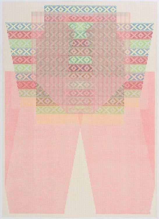 The photo is an image of an artwork that is pink, green, brown, and yellow. The artwork looks a person's leg and crotch area. The crotch area is covered by lines of "XOXOXO" pattern. Each line is a different color.