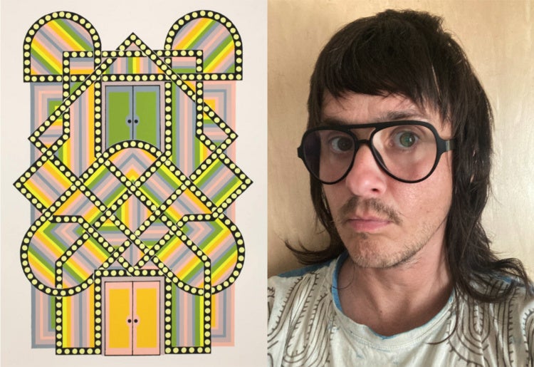 The photo is split down the middle into two images. On the left, a piece of graphic art with orange, yellow, green, and grey lines and yellow circles is featured. On the right, artist Edie Fake poses for a selfie. The artist has shoulder-length hair and black aviator glasses. 