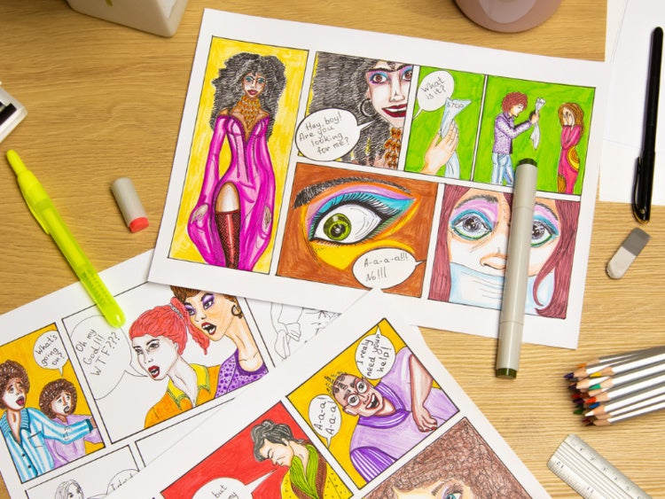 Comic strips and colored pencils