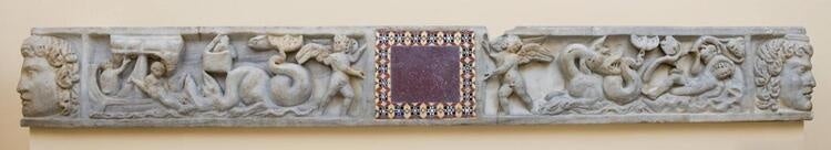 Roman, Front of a Sarcophagus Lid with the Story of Jonah, second half 4th century. Marble with addition of porphyry and Cosmatesque mosaic work of the 13th century. R. T. Miller Jr. Fund, 1948.3.