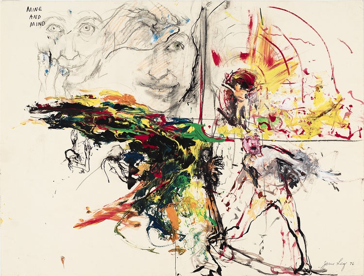 Image of June Leaf’s mixed media piece titled “Mine and Mind,” a combination of drawn and painted images.