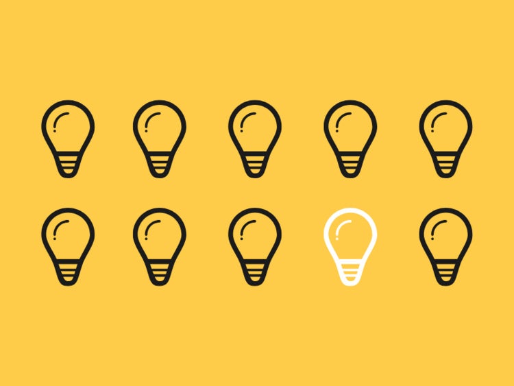 Yellow background with seven black light bulbs and one white light bulb