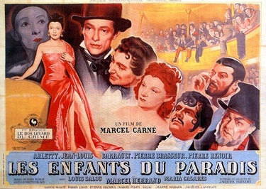 Les Enfants du Paradis poster, painting of several faces looking up at a woman lounging on a chair