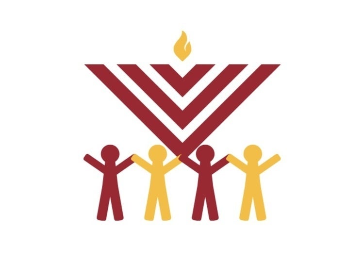 Oberlin Chabad logo, featuring a red abstract menorah shape with a yellow flame above four red and yellow figures of people holding hands. 