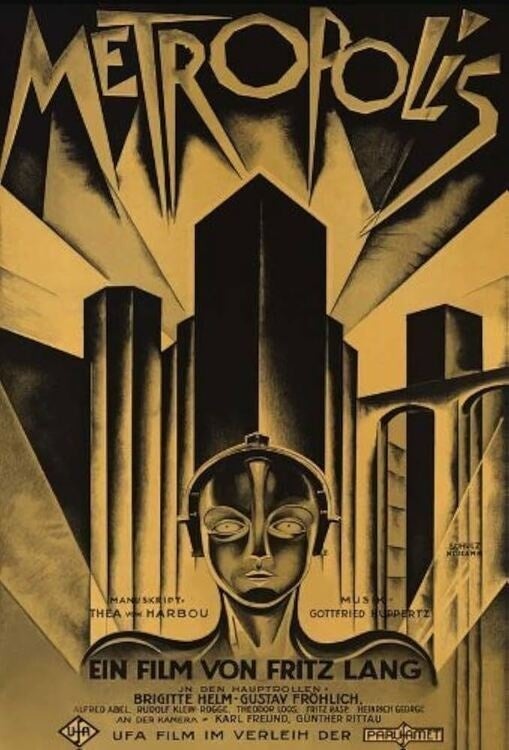 Art Deco-style poster of Fritz Lang’s film Metropolis, featuring the robot Maria with futuristic city architecture in the background.