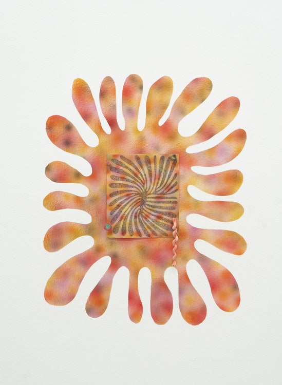 Canvas of colorful lines that continue on the wall surrounding the canvas