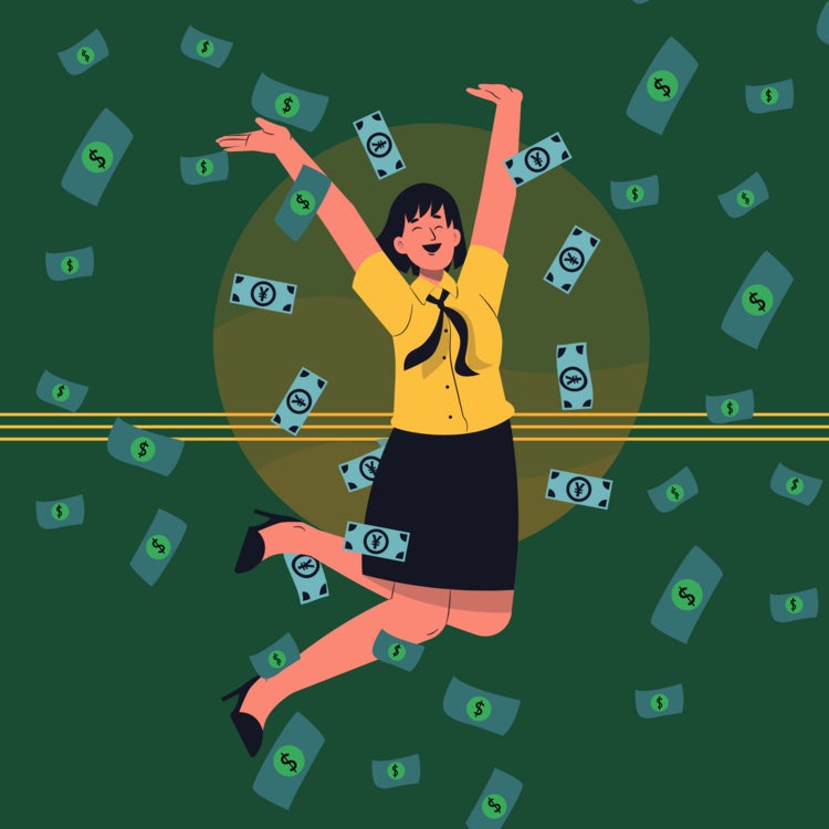 Illustration of a woman jumping in front of falling dollars on a green background.