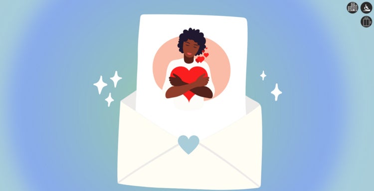 A letter is peeking out of an envelope. It has a person hugging a heart on it. (Illustration.)