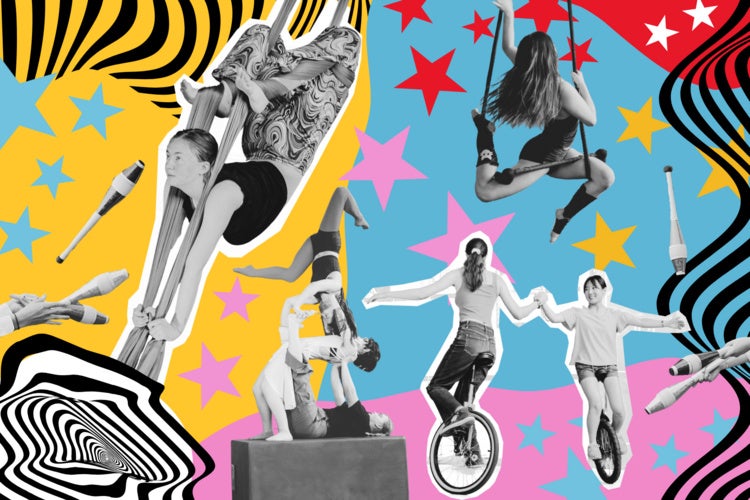 Black and white cutouts of aerial performers, unicyclers, and three acrobats on a colorful background decorated with stars and ripple graphics. 
