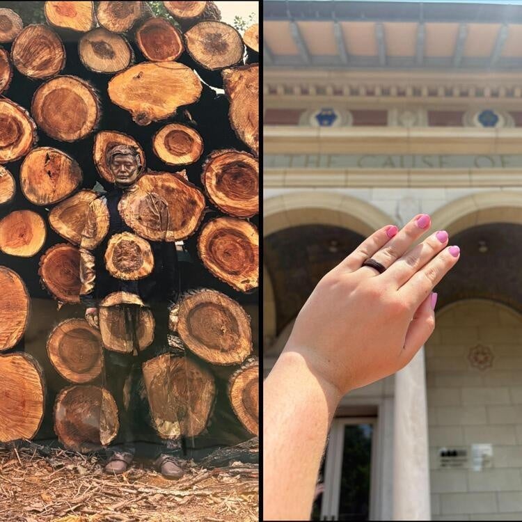 This split image pairs artistic inspiration with hands-on creation. On the left, a figure blends almost seamlessly into a wall of cut logs, creating a striking meditation on the relationship between people and the natural world. On the right, a hand with a dark wooden ring is displayed against the façade of the Allen.