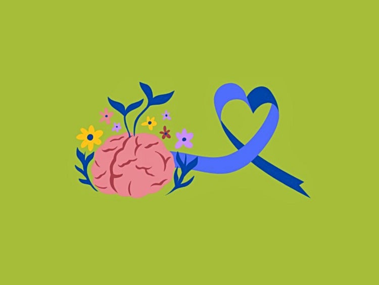 Flowers sprout from a cartoon brain, connected to a blue ribbon