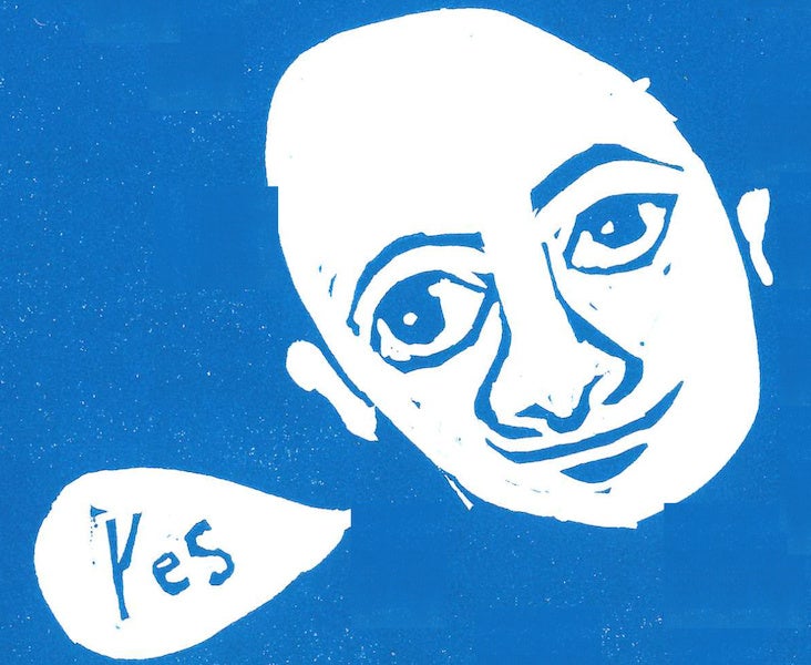 An image of a person's face on a blue background with a speech bubble that says, "Yes."